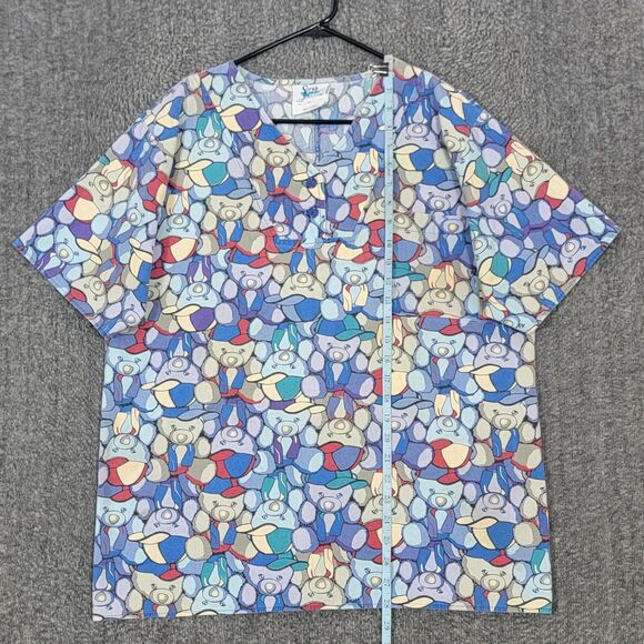 Scrub Wear Scrub Top Womens Large Blue Multi-Color Bears Print V Neck Nurse - Picture 3 of 10